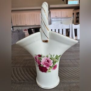 Vintage Formalities by Baum Bros Porcelain Basket Vase w/Roses & Rope Handle